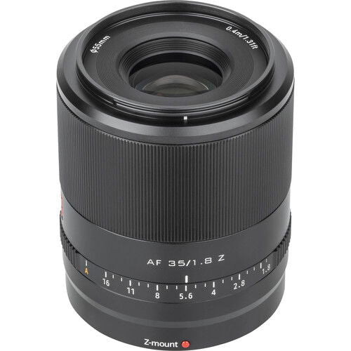 AF 35mm f/1.8 Z lens for Nikon Z, top view with front glass opening, black