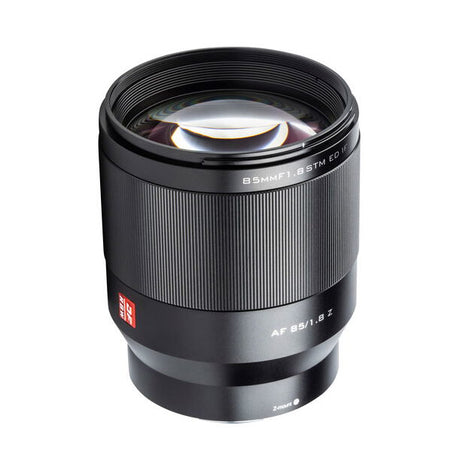 Black 85mm f/1.8 lens front view with engraved markings and front glass