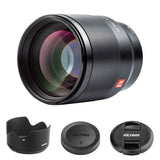 Viltrox 85mm f/1.8 AF black lens, with hood and front/rear caps