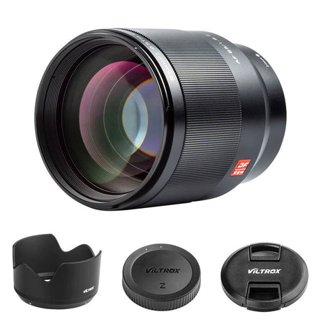 Viltrox 85mm f/1.8 AF black lens, with hood and front/rear caps