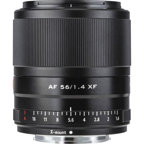 Close-up of black lens barrel showing AF 56/1.4 XF text and focus markings