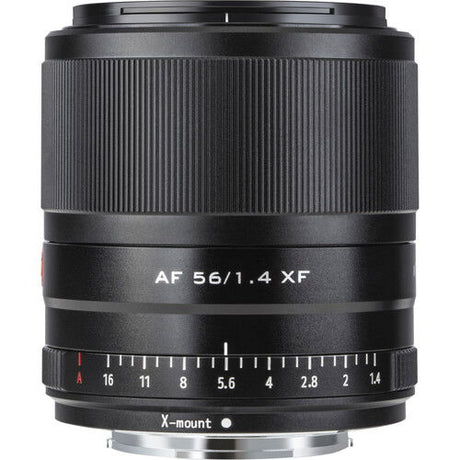 Close-up of black lens barrel showing AF 56/1.4 XF text and focus markings