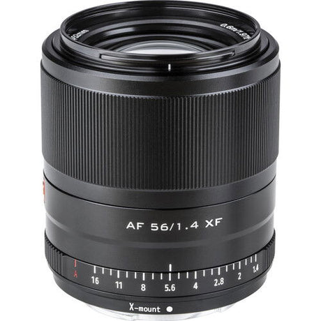 Black 56mm f/1.4 AF lens, front and distance markings with X-mount label