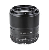Black 56mm f/1.4 AF lens for Fujifilm X, front glass and ridged focus ring