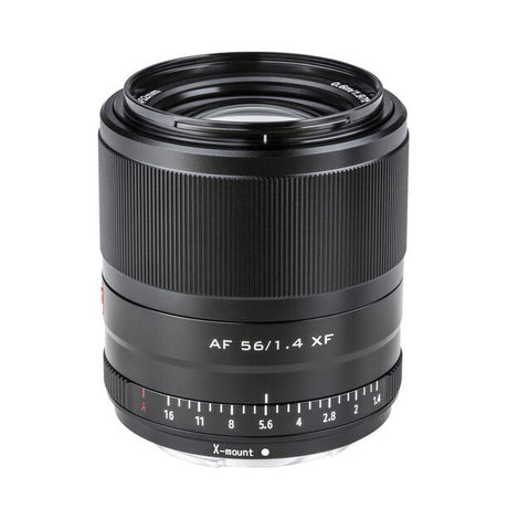 Black 56mm f/1.4 AF lens for Fujifilm X, front glass and ridged focus ring