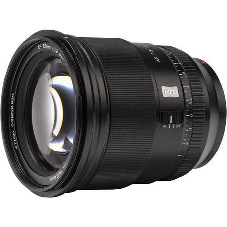 75mm f/1.2 autofocus lens, side view with Pro label and control markings