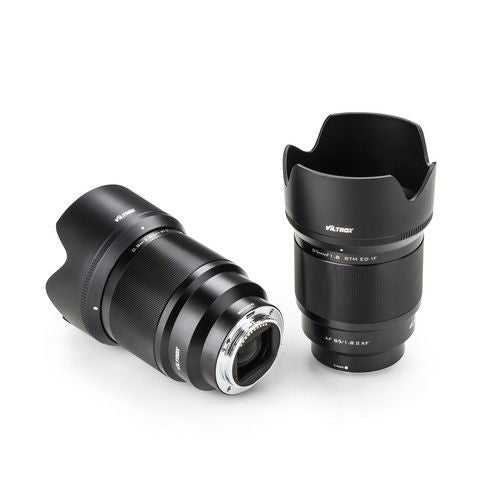 85mm f/1.8 FE II lens for Sony E with lens hood, angled front and rear