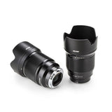 85mm f/1.8 FE II lens for Sony E with lens hood, angled front and rear