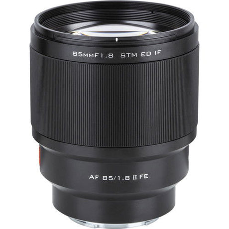 85mm f/1.8 FE II lens for Sony E, three-quarter view, front element visible
