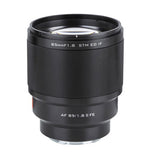 85mm f/1.8 FE II lens for Sony E, black barrel, front glass visible