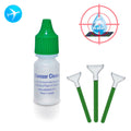 Sensor cleaner bottle with green cap and three white swabs with green handles