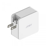 Dual-port wall charger plug side view, white body with exposed metal prongs