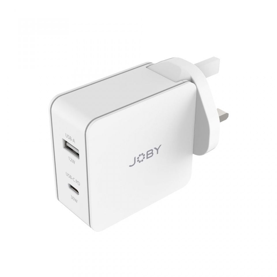Side view of white dual wall charger with USB-A and USB-C PD ports