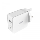 Side view of white dual wall charger with USB-A and USB-C PD ports