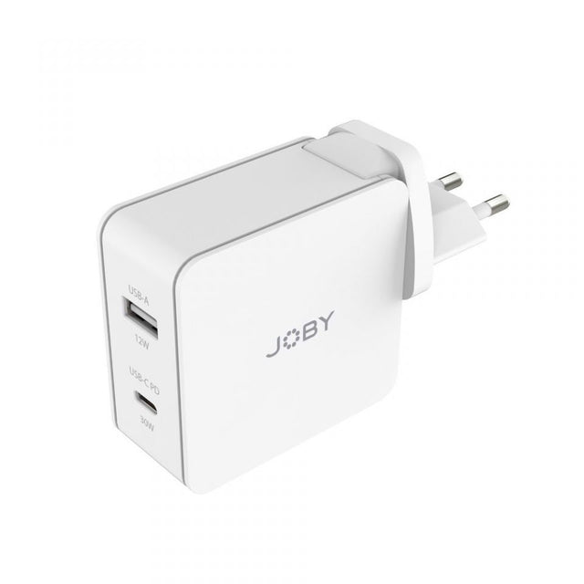 Dual USB wall charger, white housing with two ports and plug connectors