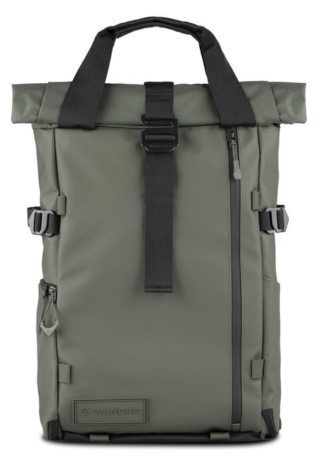 Rucsac foto verde cu mânere superioare și curele de prindere, fermoar lateral.