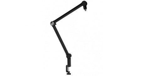 Black boom arm microphone stand with mounting clamp at base