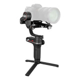 3-axis handheld camera gimbal with tripod-style base legs and grip handle, black