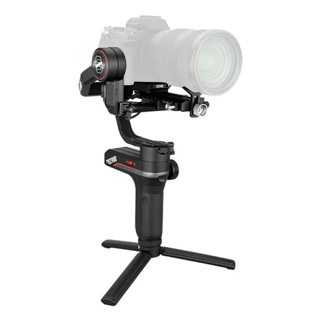 3-axis handheld camera gimbal with tripod-style base legs and grip handle, black