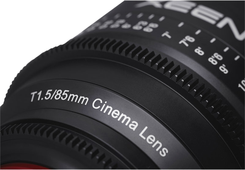 Close-up of 85mm T1.5 Cinema Lens text on ribbed focus ring
