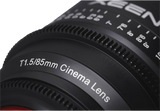 Close-up of 85mm T1.5 Cinema Lens text on ribbed focus ring
