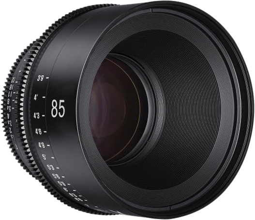 85mm lens front element with ridged focusing ring and engraved markings, angled view