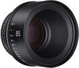 85mm lens front element with ridged focusing ring and engraved markings, angled view