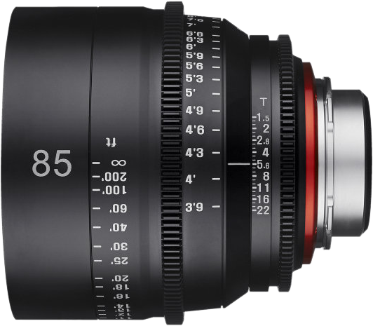 Side view of 85mm lens with depth scale, ridged focus ring, and metal mount