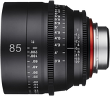 Side view of 85mm lens with depth scale, ridged focus ring, and metal mount