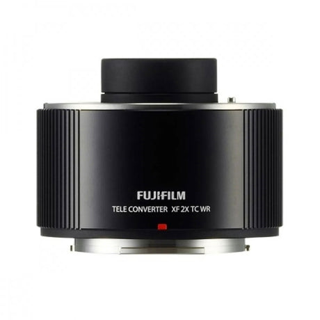 Black XF 2X TC WR teleconverter, front view, ridged grip
