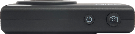 Side view of black compact digital camera with power and photo buttons