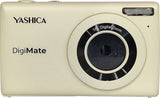 Off-white compact digital camera with front lens and top textured shutter button