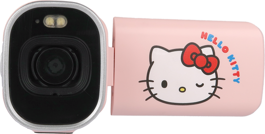 Pink DigiPocket camcorder with lens window open and Hello Kitty decal