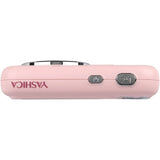 Pink digital camera top view with side buttons and on/off switch