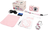 Hello Kitty pink digital camera kit with box, pouch, strap, and accessories