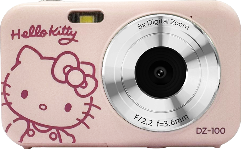 Pink Hello Kitty digital camera front with large lens and 8x digital zoom markings