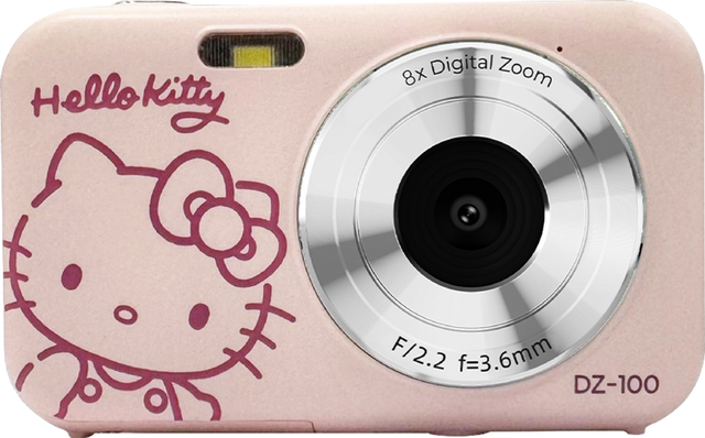 Pink Hello Kitty digital camera front with large lens and 8x digital zoom markings