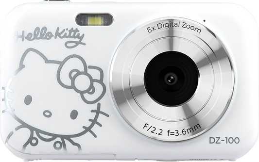 White Hello Kitty digital camera with front lens and 8x digital zoom text