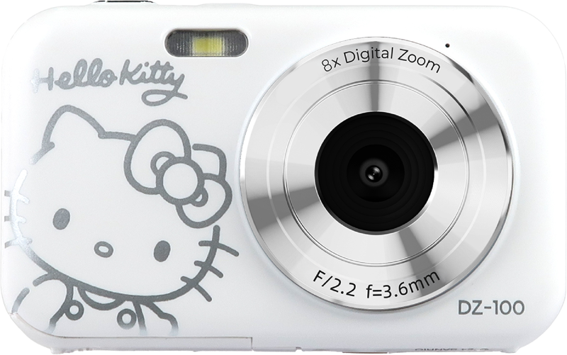 White Hello Kitty digital camera with front lens and 8x digital zoom text