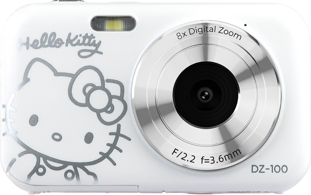 White Hello Kitty digital camera with front lens and 8x digital zoom text