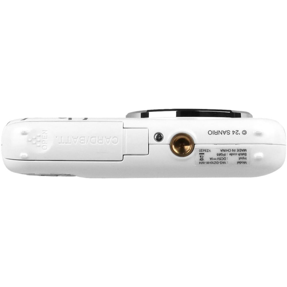 White digital camera side view showing port panel and “12.810” marking