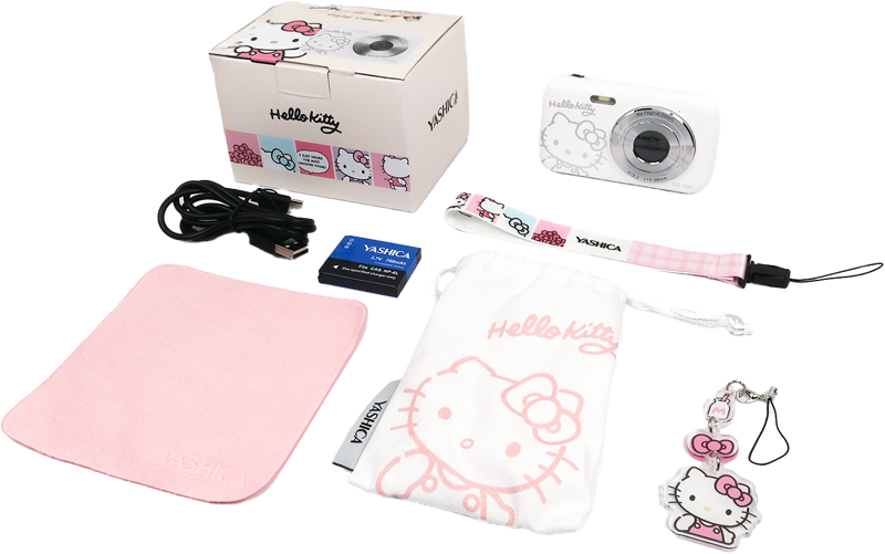 Hello Kitty white digital camera bundle with case, strap, lanyard, cables, and box