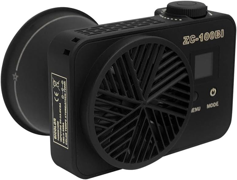 Black COB LED video light body with fan grille and top control dial