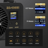 COB LED video light close-up of LCD showing CCT/FX modes and settings