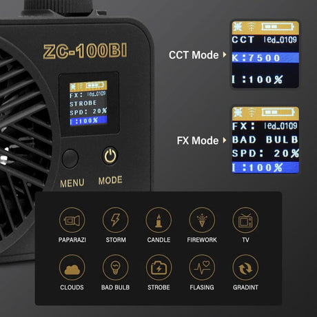 COB LED video light close-up of LCD showing CCT/FX modes and settings