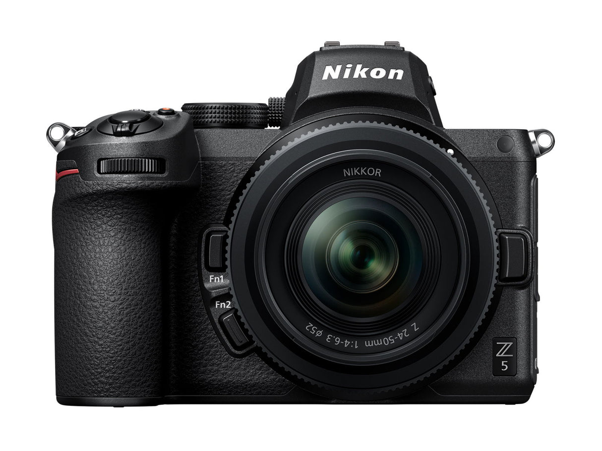Front view of black mirrorless camera with NIKKOR 24-50mm lens and Fn buttons