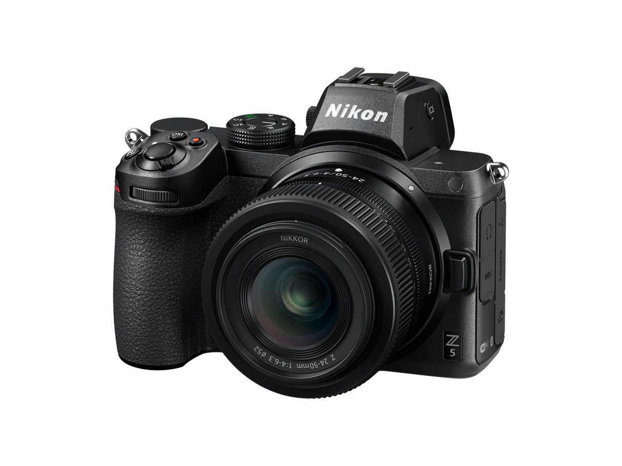 Black mirrorless camera kit with 24-50mm zoom lens, three-quarter angle