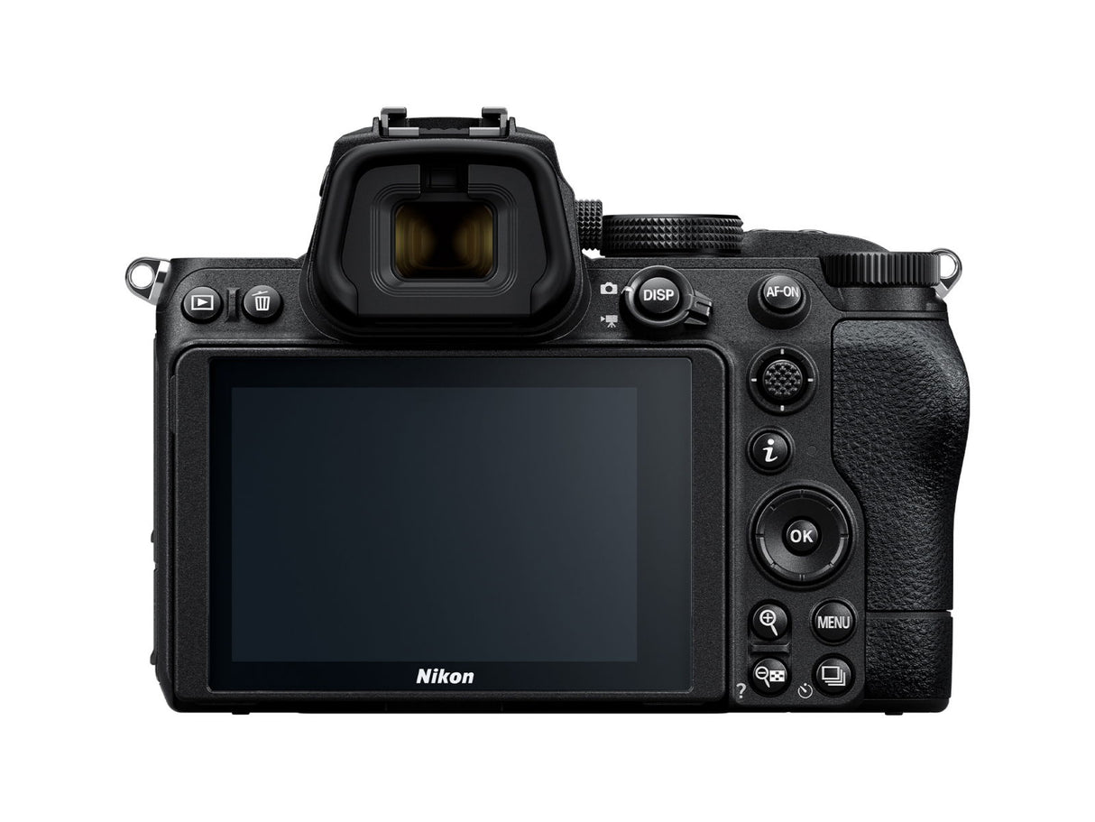 Mirrorless camera front view with LCD screen and viewfinder housing