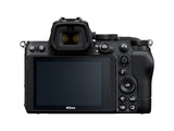 Mirrorless camera front view with LCD screen and viewfinder housing