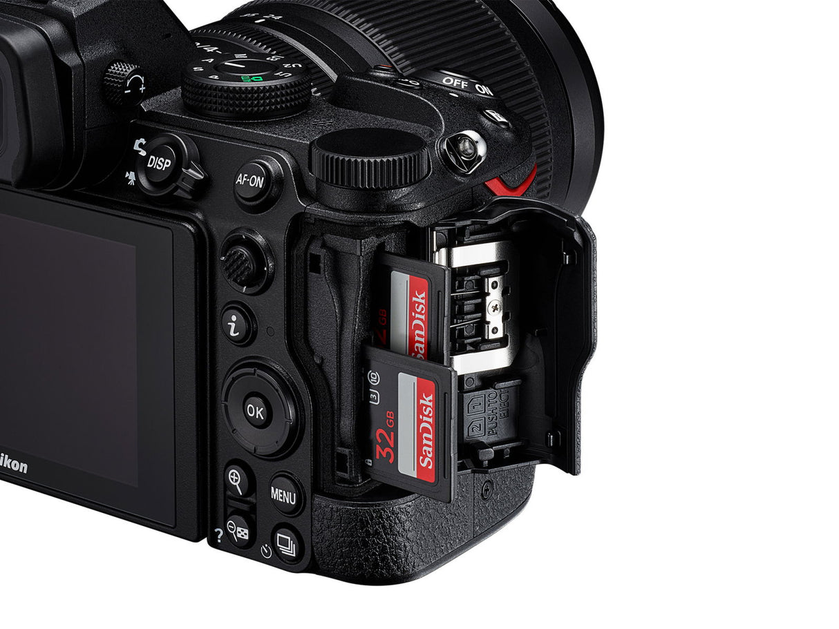 Mirrorless camera with SD card slot open and side control buttons
